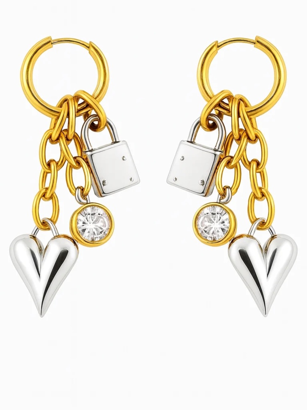 18K Gold Plated Mixed Metal Heart & Lock Drop Hoop Earrings - Gold & Silver NEW
